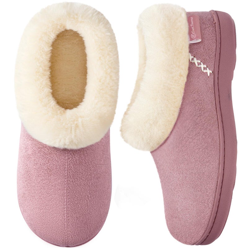 EverFoams Women's Microsuede Cozy Memory Foam Winter Slippers with Fuzzy Faux Fur Collar and Indoor Outdoor Rubber Sole (Pink, Size 11-12 M US) - Image 1